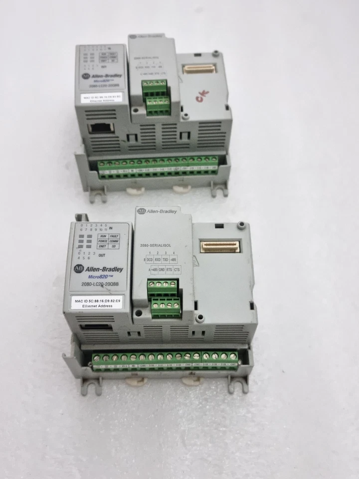 LOT OF 2PCS ALLEN BRADLEY 2080-LC20-20QBB Micro820 With 2080-SERIALISOL MODULE